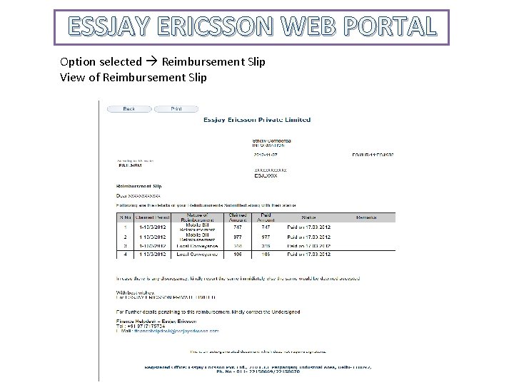 ESSJAY ERICSSON WEB PORTAL Option selected Reimbursement Slip View of Reimbursement Slip 