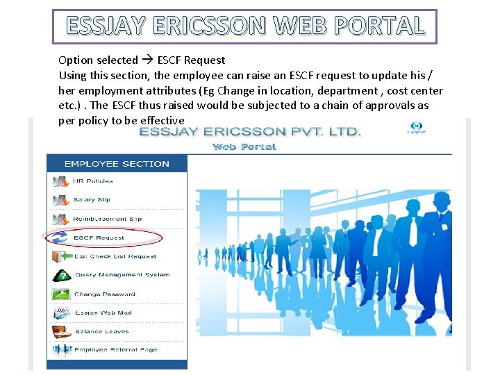 ESSJAY ERICSSON WEB PORTAL Option selected ESCF Request Using this section, the employee can