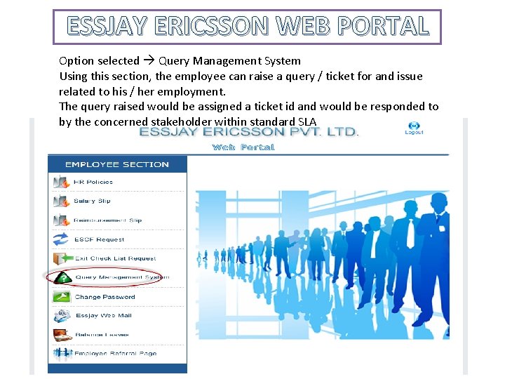 ESSJAY ERICSSON WEB PORTAL Option selected Query Management System Using this section, the employee ESSJAY ERICSSON WEB PORTAL Option selected Query Management System Using this section, the employee