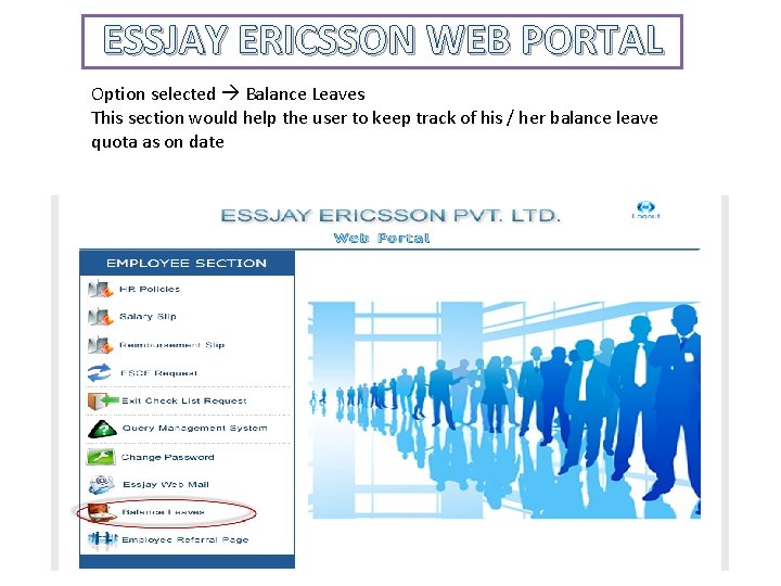 ESSJAY ERICSSON WEB PORTAL Option selected Balance Leaves This section would help the user