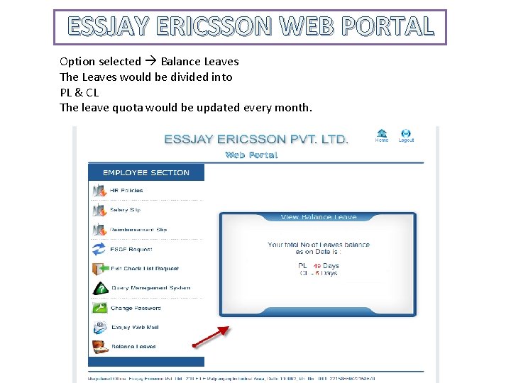 ESSJAY ERICSSON WEB PORTAL Option selected Balance Leaves The Leaves would be divided into