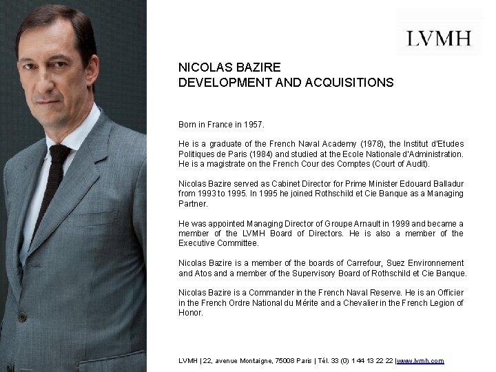 NICOLAS BAZIRE DEVELOPMENT AND ACQUISITIONS Born in France in 1957. He is a graduate