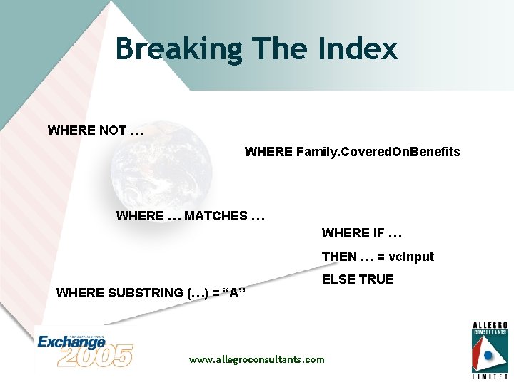 Breaking The Index WHERE NOT … WHERE Family. Covered. On. Benefits WHERE … MATCHES