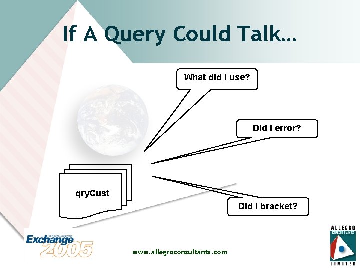 If A Query Could Talk… What did I use? Did I error? qry. Cust