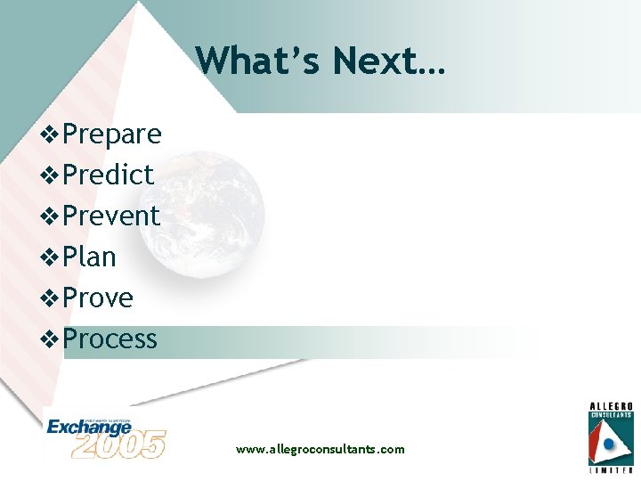 What’s Next… v Prepare v Predict v Prevent v Plan v Prove v Process