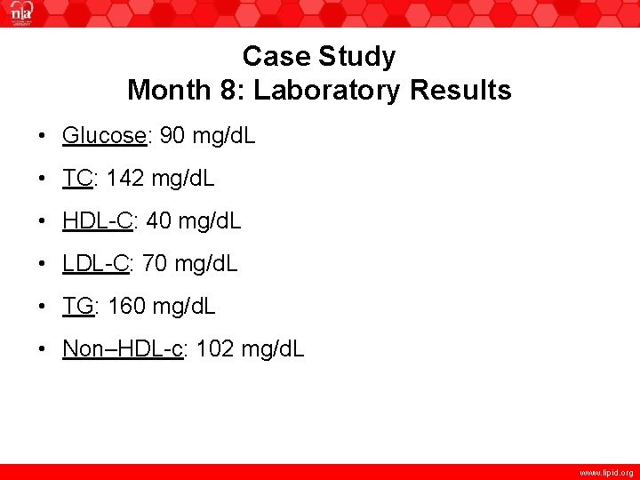 Case Study Month 8: Laboratory Results • Glucose: 90 mg/d. L • TC: 142