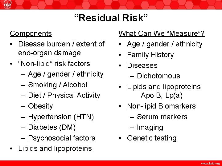 “Residual Risk” Components • Disease burden / extent of end-organ damage • “Non-lipid” risk