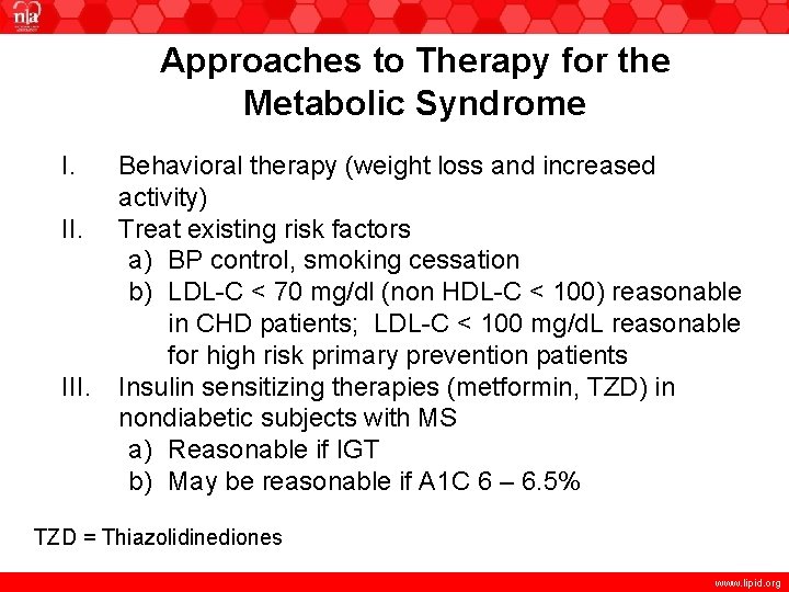 Approaches to Therapy for the Metabolic Syndrome I. II. III. Behavioral therapy (weight loss