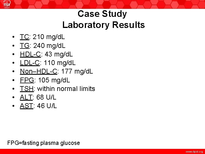 Case Study Laboratory Results • • • TC: 210 mg/d. L TG: 240 mg/d.