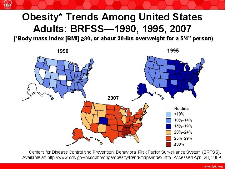 Obesity* Trends Among United States Adults: BRFSS— 1990, 1995, 2007 (*Body mass index [BMI]