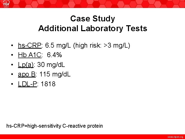 Case Study Additional Laboratory Tests • • • hs-CRP: 6. 5 mg/L (high risk: