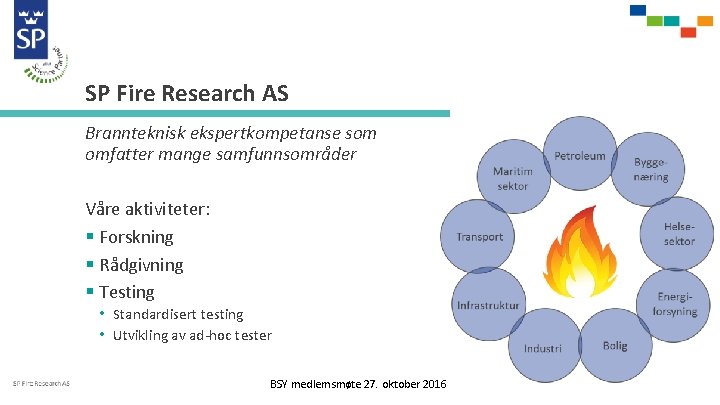 SP Fire Research AS Brannteknisk ekspertkompetanse som omfatter mange samfunnsområder Våre aktiviteter: § Forskning