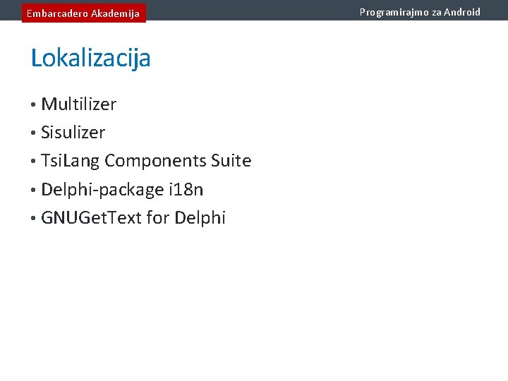 Embarcadero Akademija Lokalizacija • Multilizer • Sisulizer • Tsi. Lang Components Suite • Delphi-package