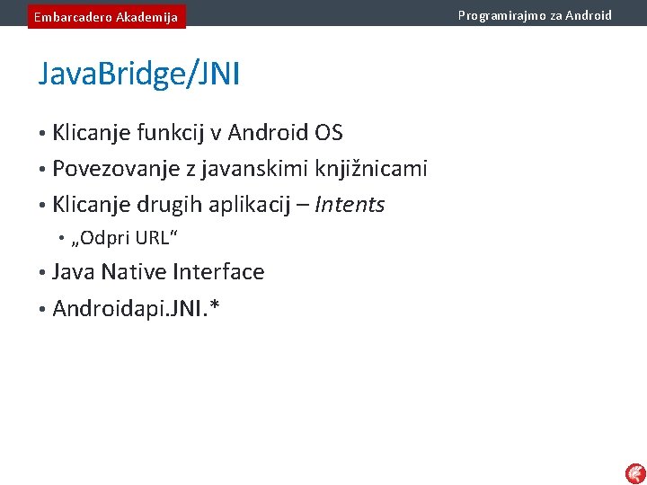 Embarcadero Akademija Java. Bridge/JNI • Klicanje funkcij v Android OS • Povezovanje z javanskimi