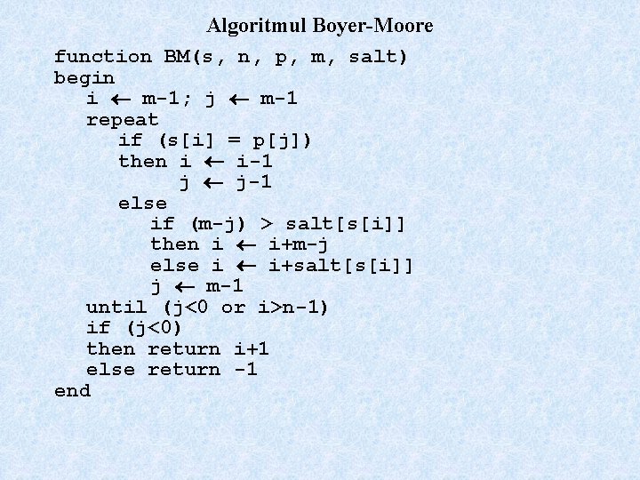 Algoritmul Boyer-Moore function BM(s, n, p, m, salt) begin i m-1; j m-1 repeat