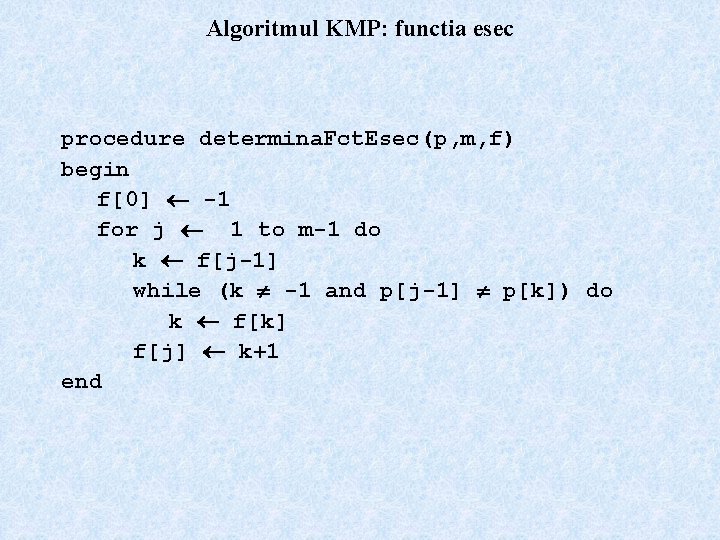 Algoritmul KMP: functia esec procedure determina. Fct. Esec(p, m, f) begin f[0] -1 for