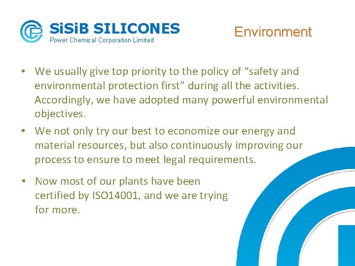 Si. B SILICONES Power Chemical Corporation Limited Environment • We usually give top priority