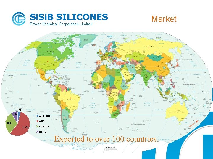 Si. B SILICONES Power Chemical Corporation Limited Market 4% 8% AMERICA ASIA 31% 57%