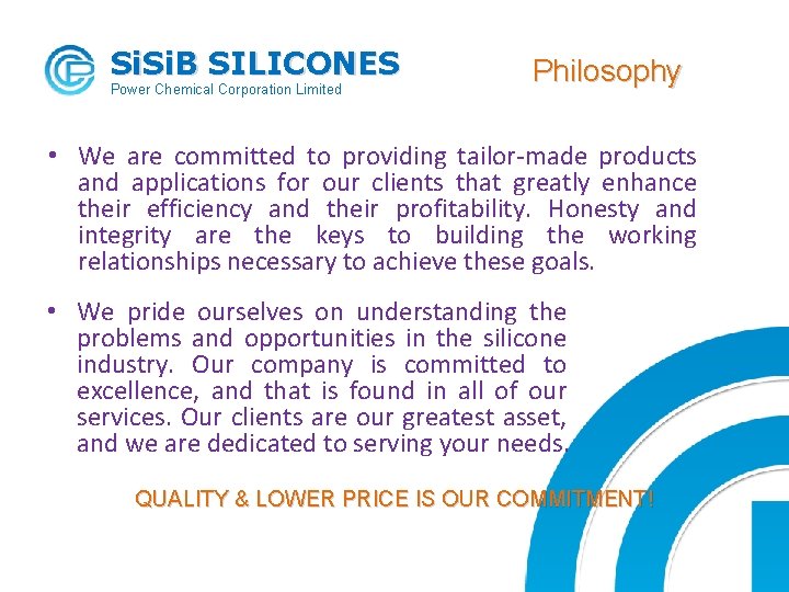 Si. B SILICONES Power Chemical Corporation Limited Philosophy • We are committed to providing