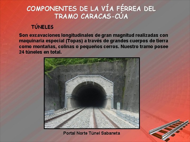 COMPONENTES DE LA VÍA FÉRREA DEL TRAMO CARACAS-CÚA TÚNELES Son excavaciones longitudinales de gran