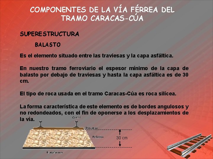 COMPONENTES DE LA VÍA FÉRREA DEL TRAMO CARACAS-CÚA SUPERESTRUCTURA BALASTO Es el elemento situado