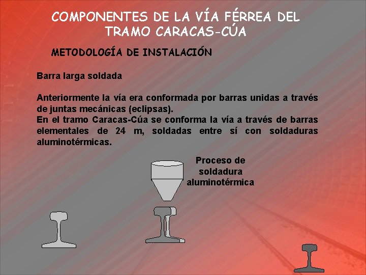 COMPONENTES DE LA VÍA FÉRREA DEL TRAMO CARACAS-CÚA METODOLOGÍA DE INSTALACIÓN Barra larga soldada