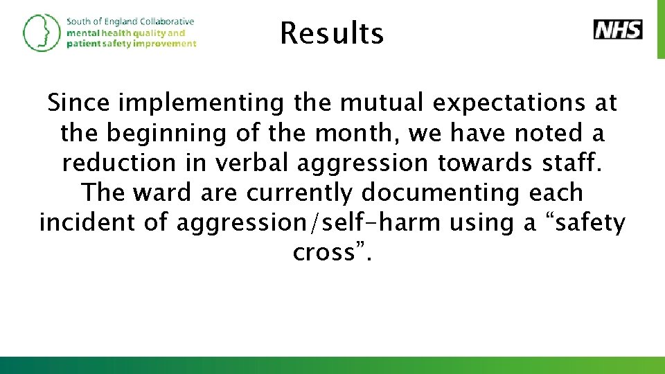 Results Since implementing the mutual expectations at the beginning of the month, we have