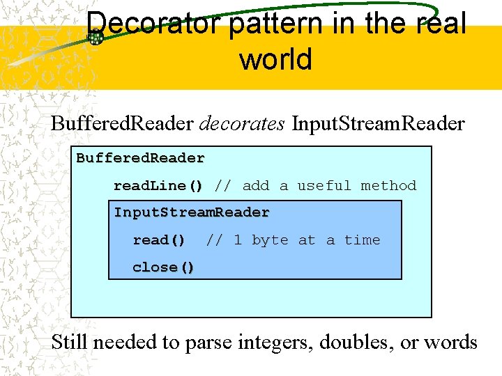 Decorator pattern in the real world Buffered. Reader decorates Input. Stream. Reader Buffered. Reader