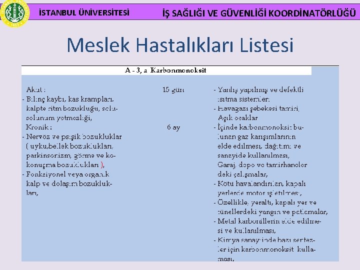  İSTANBUL ÜNİVERSİTESİ İŞ SAĞLIĞI VE GÜVENLİĞİ KOORDİNATÖRLÜĞÜ Meslek Hastalıkları Listesi 