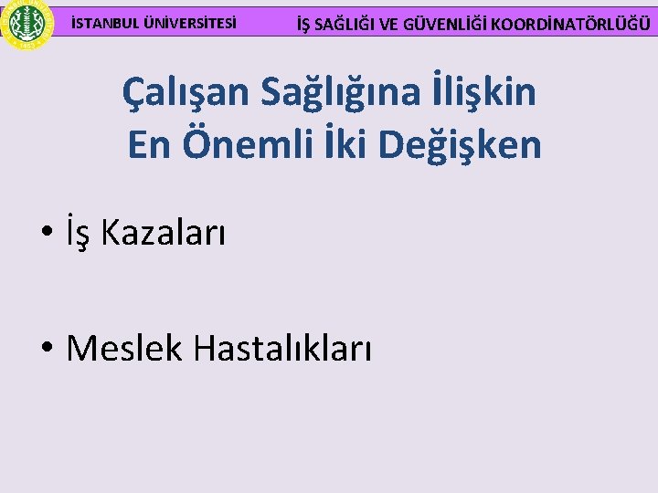  İSTANBUL ÜNİVERSİTESİ İŞ SAĞLIĞI VE GÜVENLİĞİ KOORDİNATÖRLÜĞÜ Çalışan Sağlığına İlişkin En Önemli İki