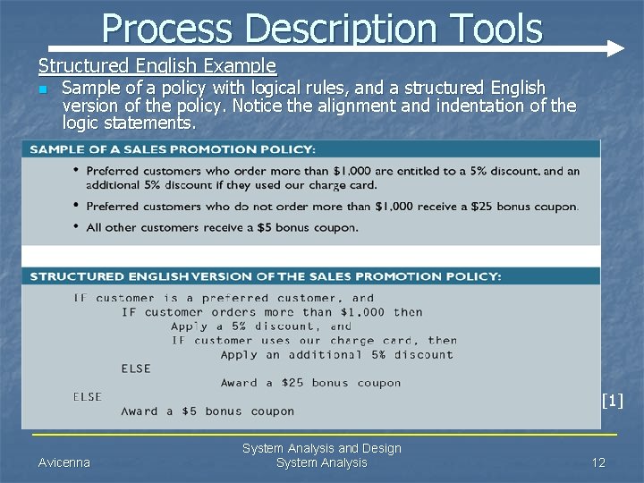 Process Description Tools Structured English Example n Sample of a policy with logical rules,