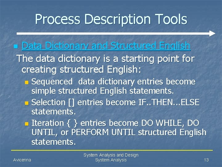 Process Description Tools Data Dictionary and Structured English The data dictionary is a starting