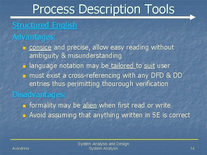 Process Description Tools Structured English Advantages: n n n consice and precise, allow easy