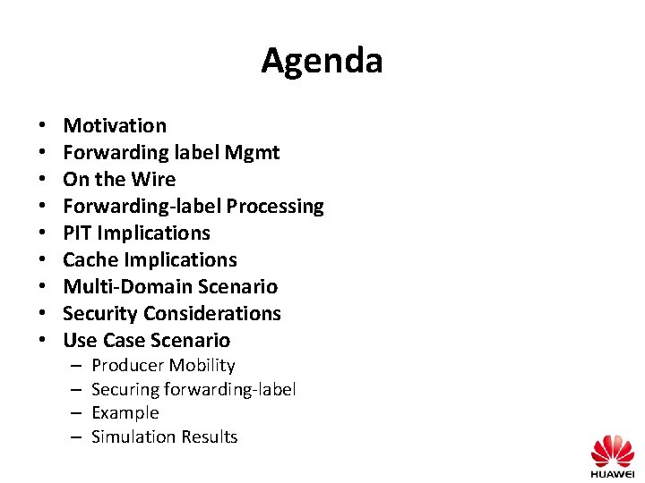 Agenda • • • Motivation Forwarding label Mgmt On the Wire Forwarding-label Processing PIT