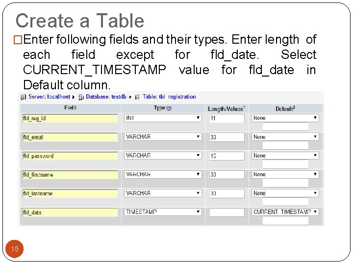 Create a Table �Enter following fields and their types. Enter length of each field