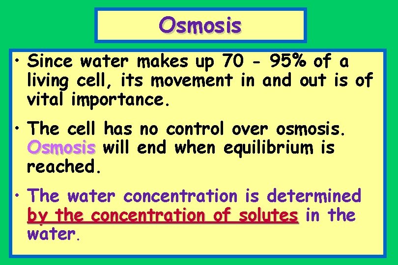 Osmosis • Since water makes up 70 - 95% of a living cell, its