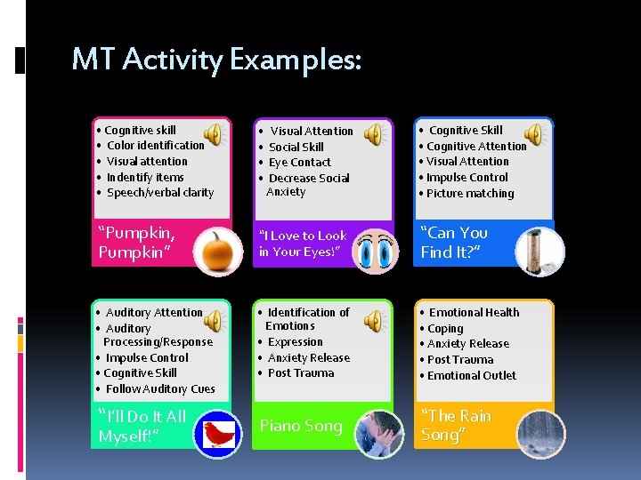 MT Activity Examples: • Cognitive skill • Color identification • Visual attention • Indentify