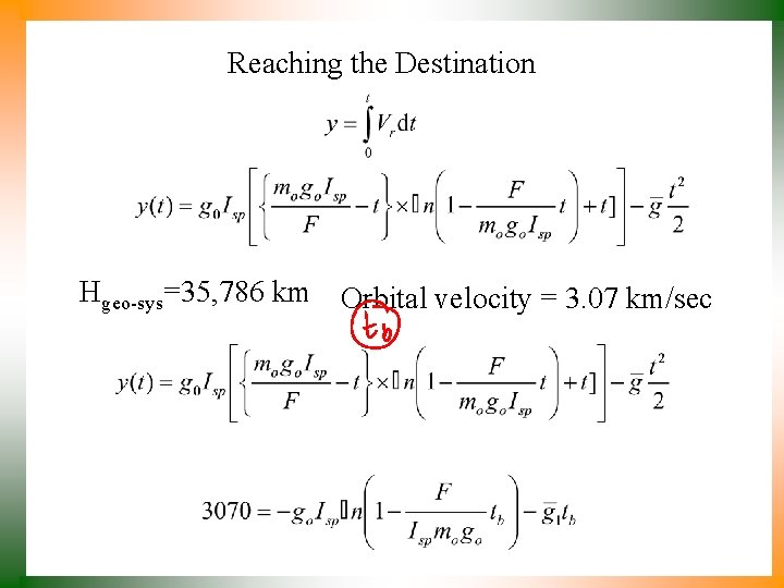 Reaching the Destination Hgeo-sys=35, 786 km Orbital velocity = 3. 07 km/sec 