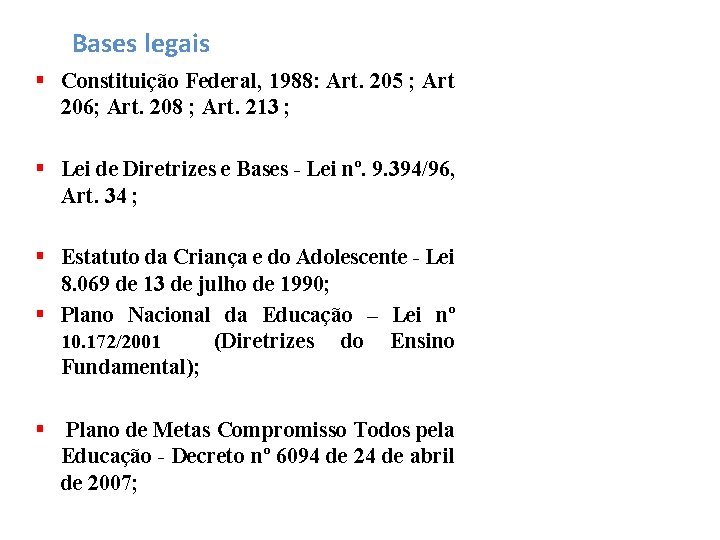  Bases legais Constituição Federal, 1988: Art. 205 ; Art 206; Art. 208 ;