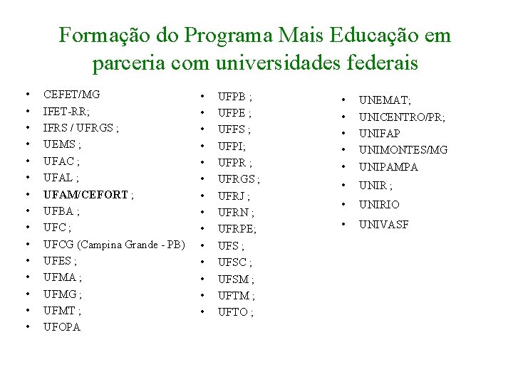 Formação do Programa Mais Educação em parceria com universidades federais • • • •