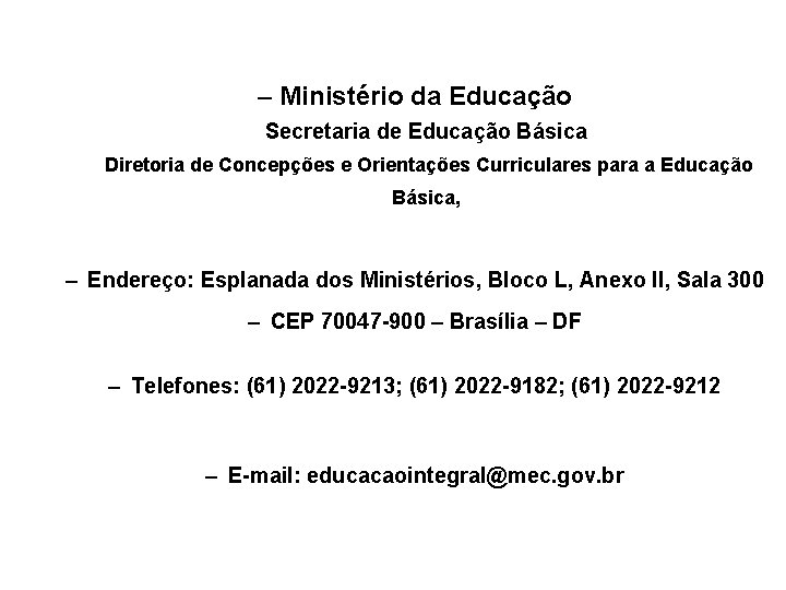 – Ministério da Educação Secretaria de Educação Básica Diretoria de Concepções e Orientações Curriculares