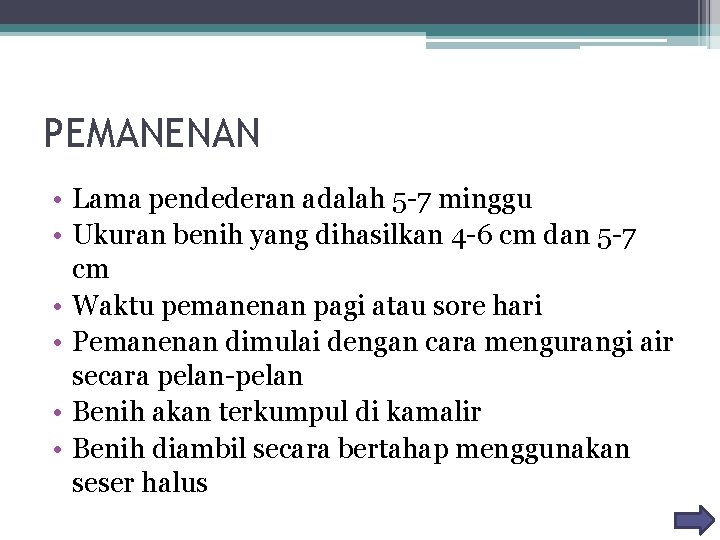 PEMANENAN • Lama pendederan adalah 5 -7 minggu • Ukuran benih yang dihasilkan 4