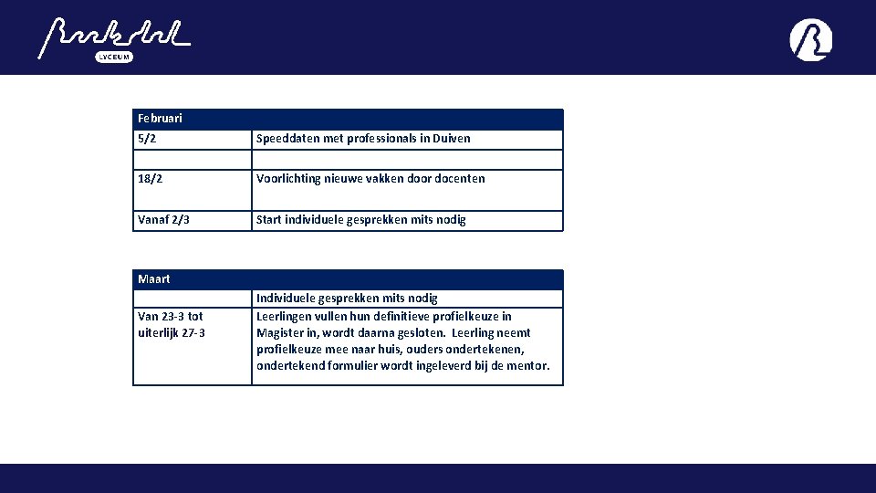 Februari 5/2 Speeddaten met professionals in Duiven 18/2 Voorlichting nieuwe vakken door docenten Vanaf