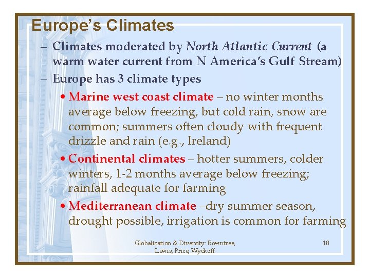 Europe’s Climates – Climates moderated by North Atlantic Current (a warm water current from