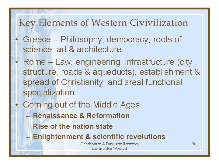 Key Elements of Western Civivilization • Greece – Philosophy, democracy, roots of science, art