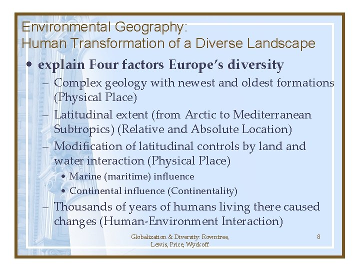 Environmental Geography: Human Transformation of a Diverse Landscape • explain Four factors Europe’s diversity