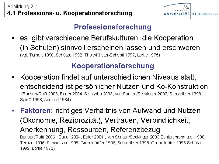 Abbildung 21: 4. 1 Professions- u. Kooperationsforschung Professionsforschung • es gibt verschiedene Berufskulturen, die