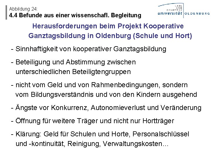 Abbildung 24: 4. 4 Befunde aus einer wissenschafl. Begleitung Herausforderungen beim Projekt Kooperative Ganztagsbildung