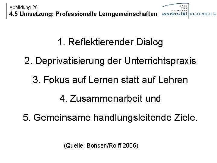 Abbildung 26: 4. 5 Umsetzung: Professionelle Lerngemeinschaften 1. Reflektierender Dialog 2. Deprivatisierung der Unterrichtspraxis