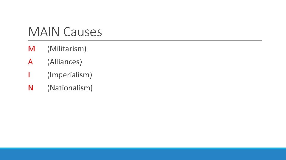 MAIN Causes M (Militarism) A (Alliances) I (Imperialism) N (Nationalism) 